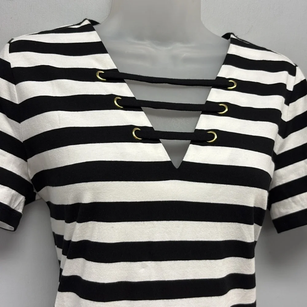 NEW Michael Kors Short Sleeve Lace Detailed Neckline Striped Dress Size Small